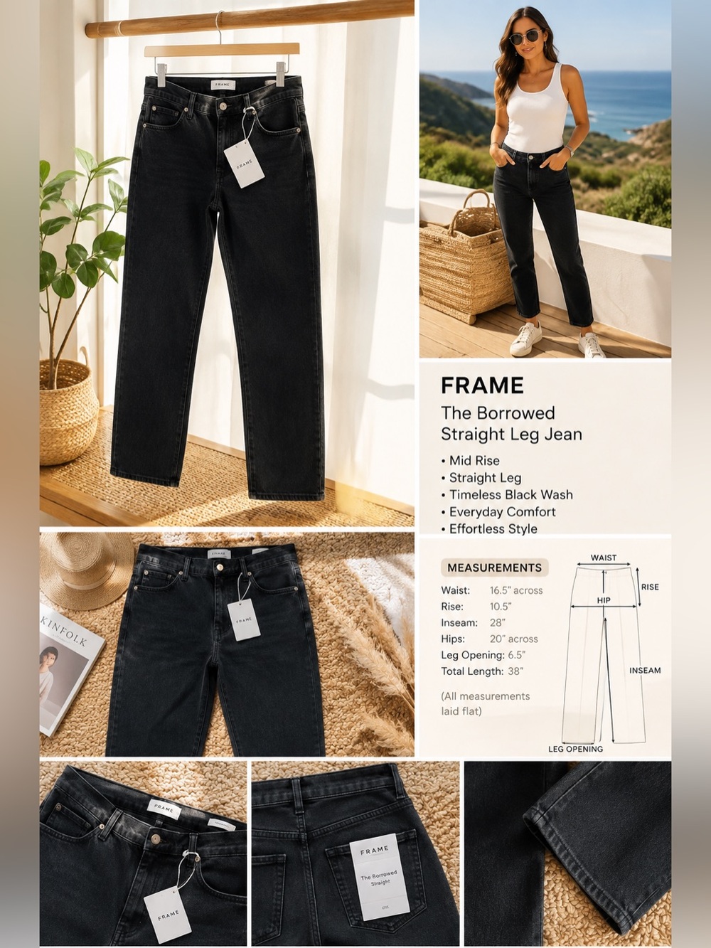 FRAME The Borrowed Straight Leg Jeans Washed Black Denim Women's Size 30 NWT
